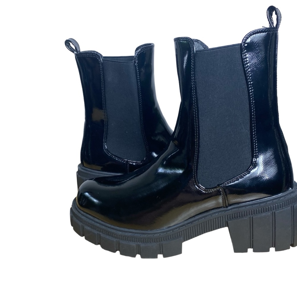 BLACK Patent Leather Platform BOOTIES WEDGE HEEL No brand USA 9 EU 40 NEW